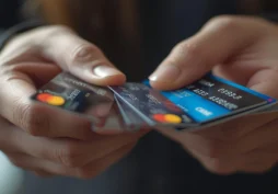 Pessoa segurando vários cartões de crédito nas mãos, destacando cartões Mastercard e Visa, representando comparação de benefícios, limite e escolha do melhor cartão.