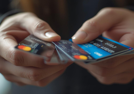 Pessoa segurando vários cartões de crédito nas mãos, destacando cartões Mastercard e Visa, representando comparação de benefícios, limite e escolha do melhor cartão.