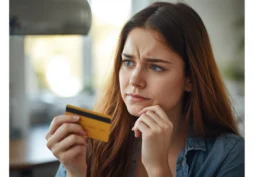 Mulher com expressão de dúvida segurando cartão de crédito, representando questionamento sobre antecipar parcelas e decisões financeiras.