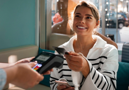 Mulher sorrindo realizando pagamento com cartão de crédito em máquina de pagamento, representando uso do cartão no dia a dia e substituição da conta corrente.