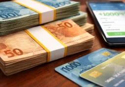 Notas de dinheiro brasileiro empilhadas com cartões bancários e celular ao fundo, representando movimentações financeiras, uso de banco e controle do dinheiro.