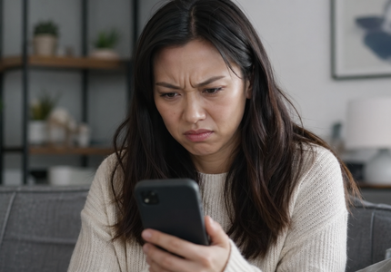 Pessoa olhando o celular com expressão de impaciência