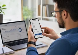 Pessoa usando celular para realizar transferência bancária enquanto analisa valores na tela, representando movimentação financeira e análise de transações pelo banco.