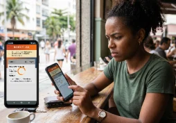 Pessoa utilizando aplicativo bancário no celular enquanto enfrenta lentidão em operações financeiras, representando conta bancária com menos fluidez e aumento de verificações pelo banco.